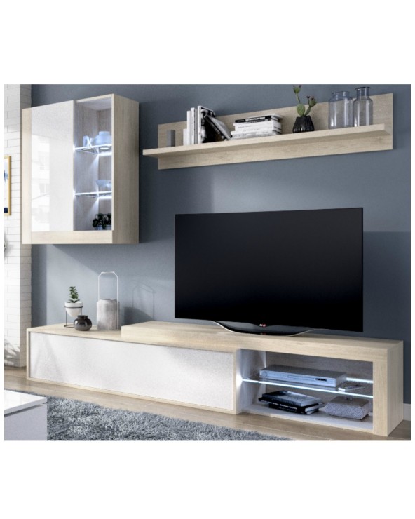 MUEBLE DE SALÓN NATURAL Y BLANCO BRILLO 200 CM KENA
