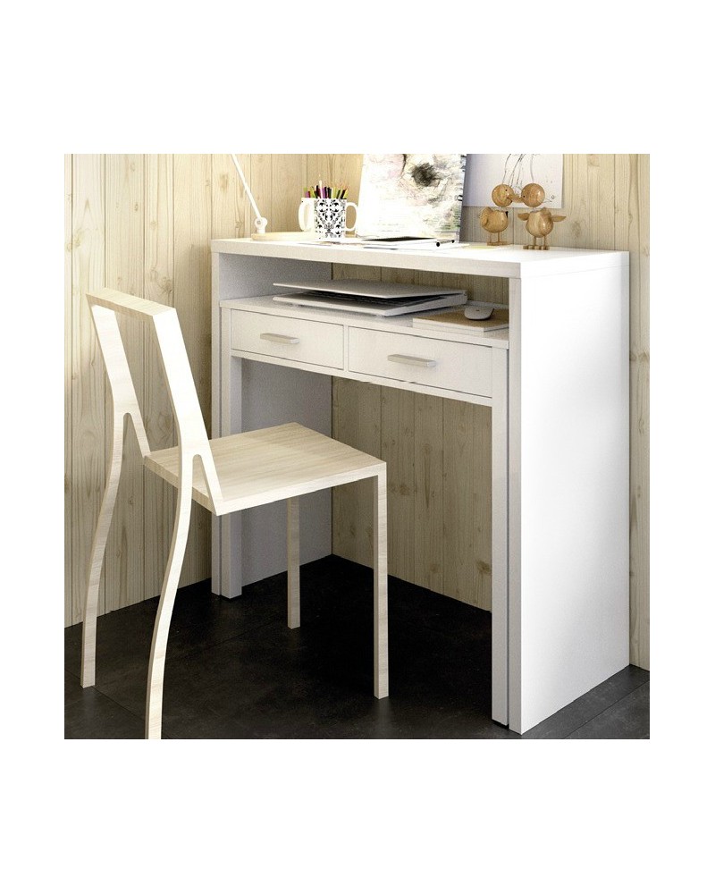 Mesa consola extensible con cajón y estrecha desde 35 cm de fondo, blanca