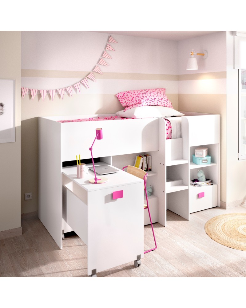 Cama infantil blanca alta compacta con escritorio extraíble Lys