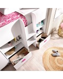 Cama infantil blanca alta compacta con escritorio extraíble Lys