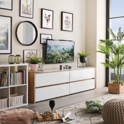 Mueble de TV con cajones roble y cristal blanco 188cm Mónaco