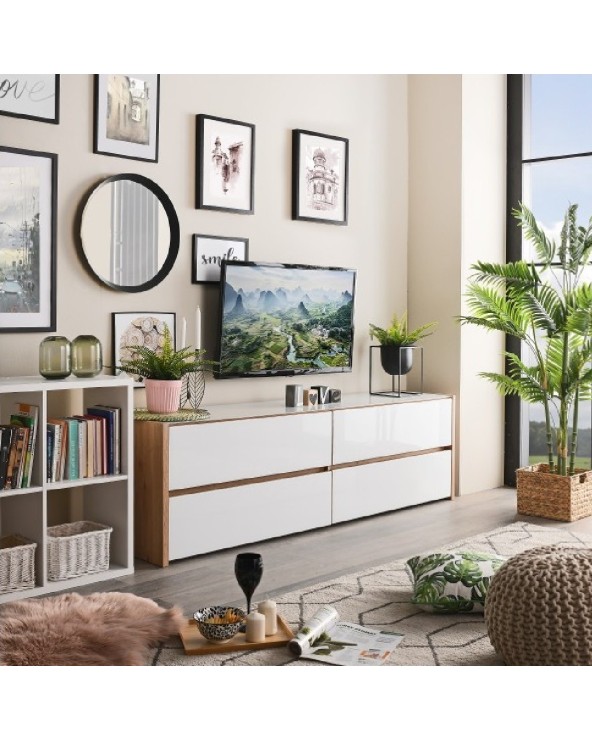 Mueble de TV con cajones roble y cristal blanco 188cm Mónaco