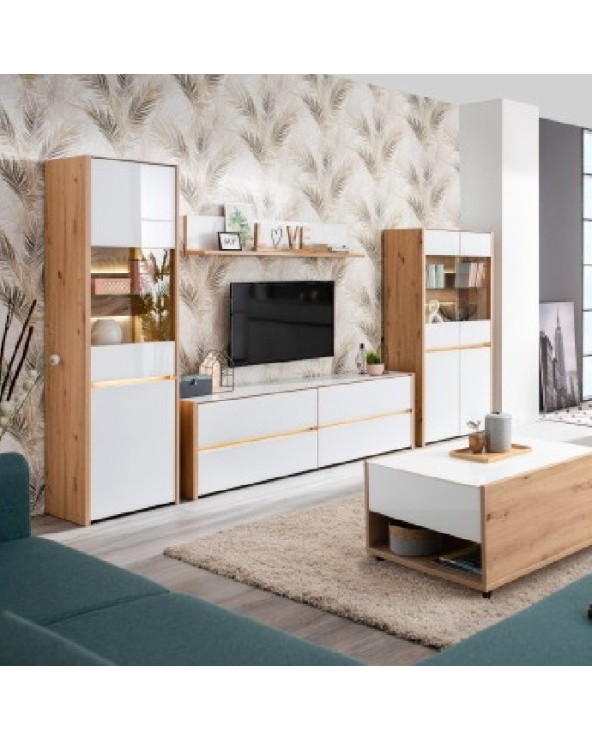 Mueble de salón roble artisan y cristal blanco 328 cm Mónaco