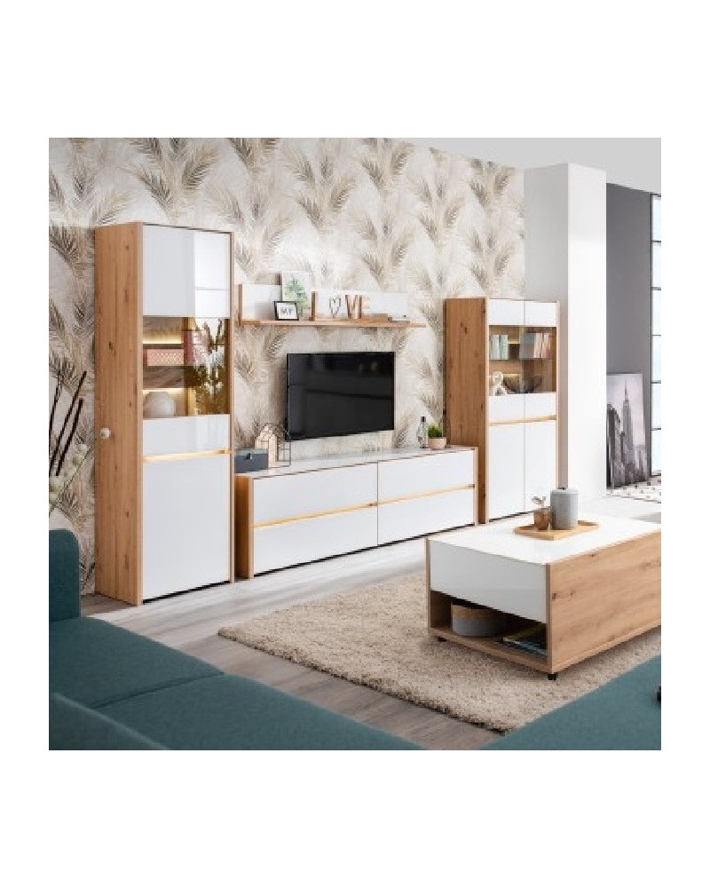 Mueble de salón roble artisan y cristal blanco 328 cm Mónaco