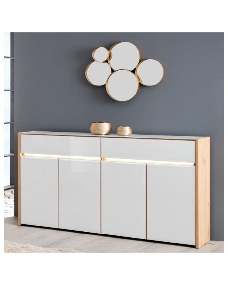 Aparador roble artisan y cristal blanco 165 cm Mónaco