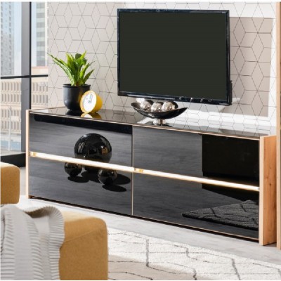 Mueble de TV con cajones roble y cristal negro 188 cm Montecarlo