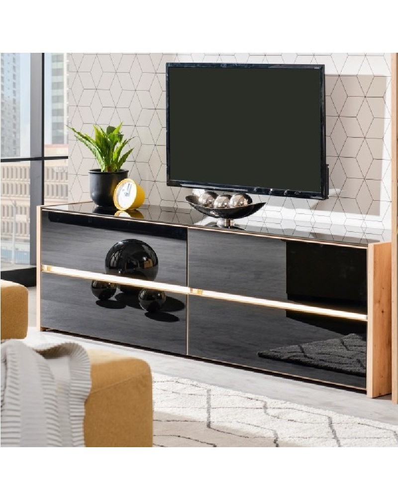 Mueble de TV con cajones roble y cristal negro 188 cm Montecarlo