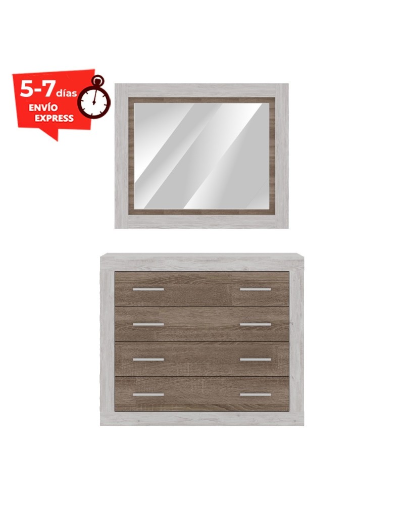 Cómoda con espejo de dormitorio blanco y trufa 98 cm Zeus