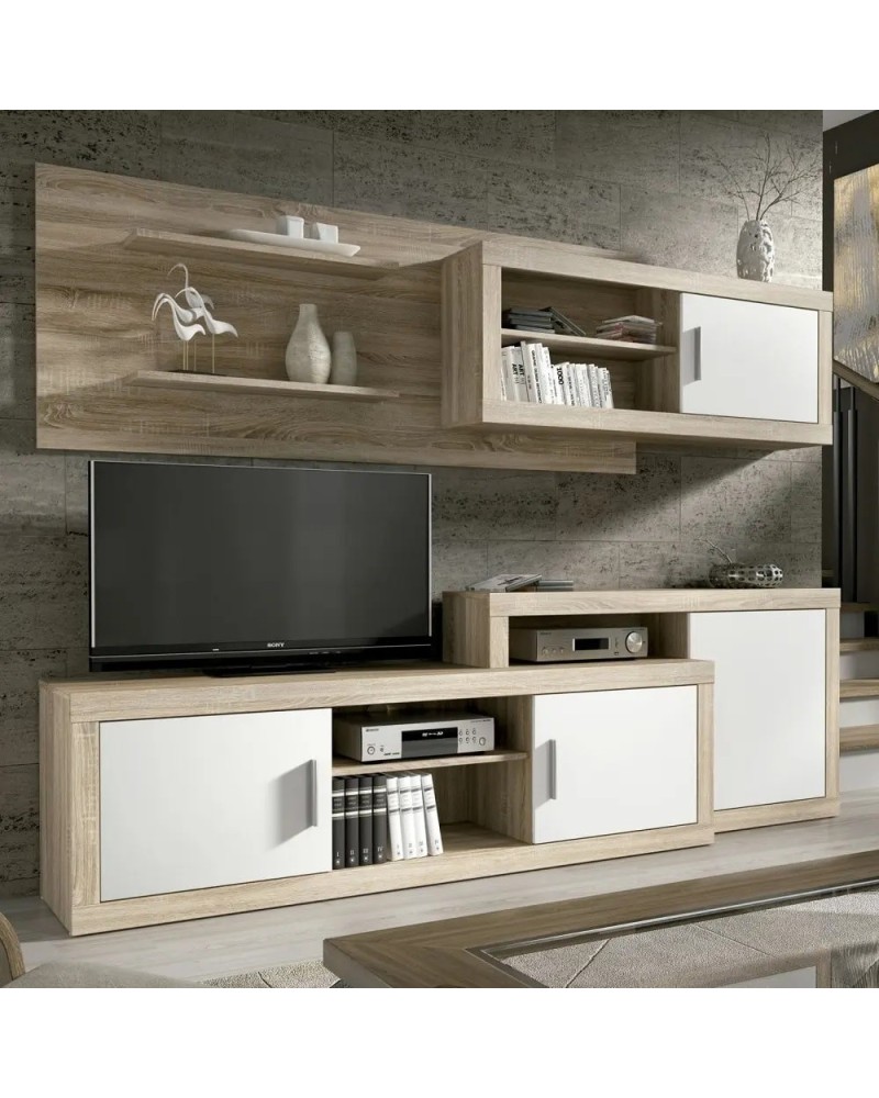 MUEBLE PARA SALÓN MODERNO BLANCO + MADERA 240 cm.