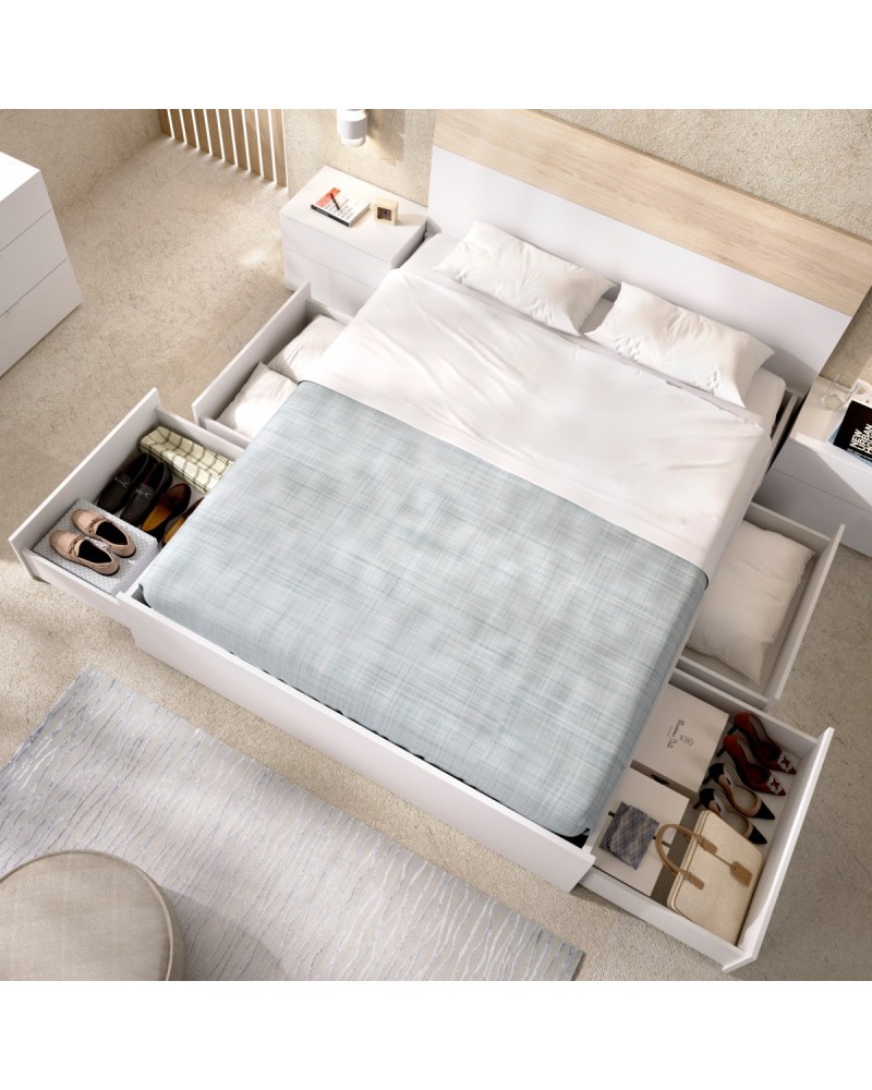 CAMA CANAPÉ 150 CM CON  4 CAJONES EN BLANCO BRILLO O NATURAL ANAHÍ