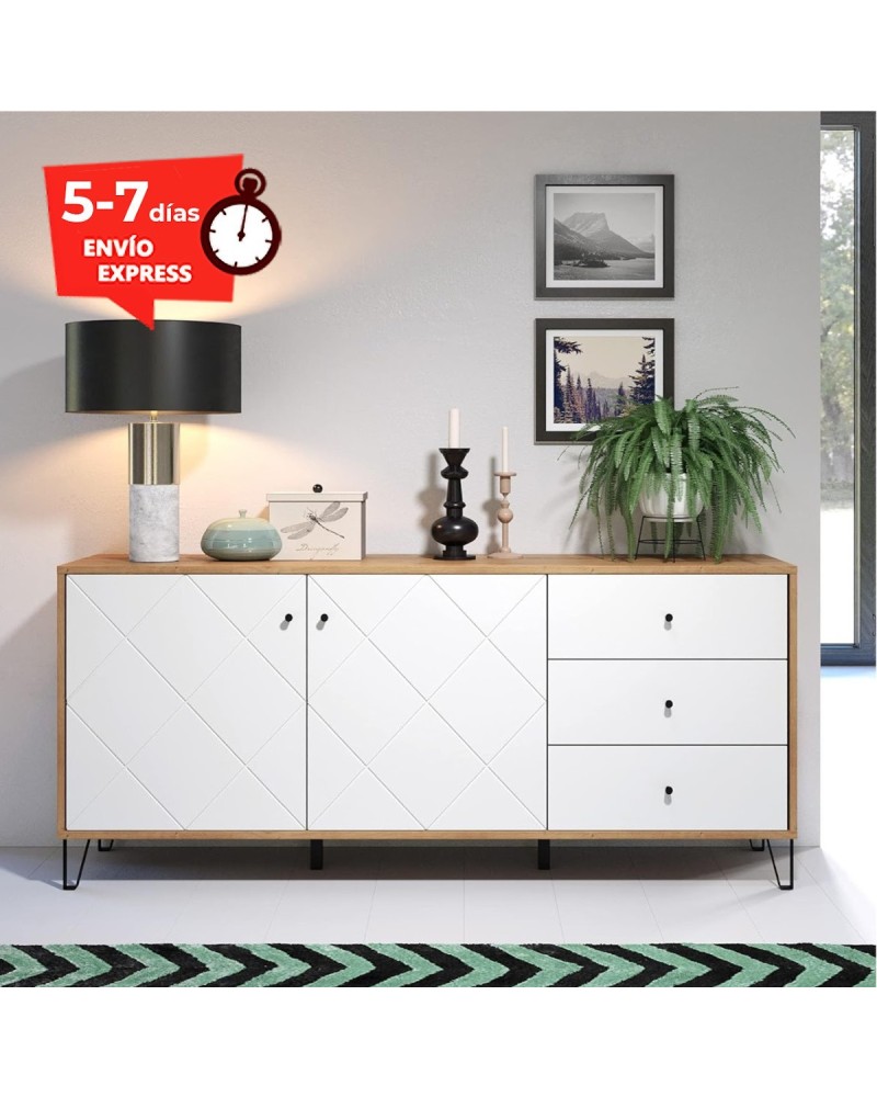 Cómoda para salón de 4 puertas y 5 cajones centrales blanca y madera