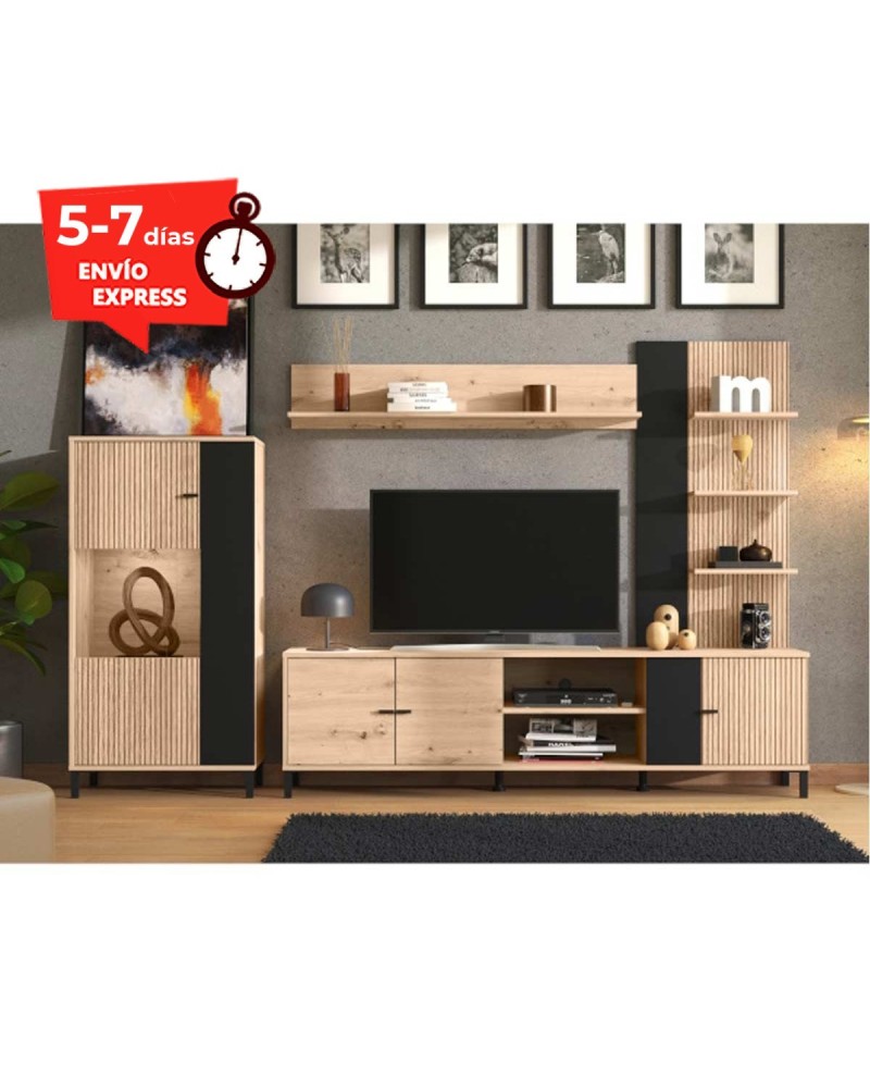 Mueble de salón roble y negro 263 cm Niza