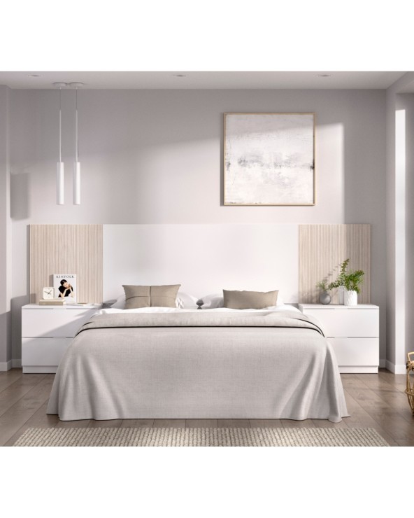 Cabecero con mesillas blanco y alistonado 259 cm Indiana