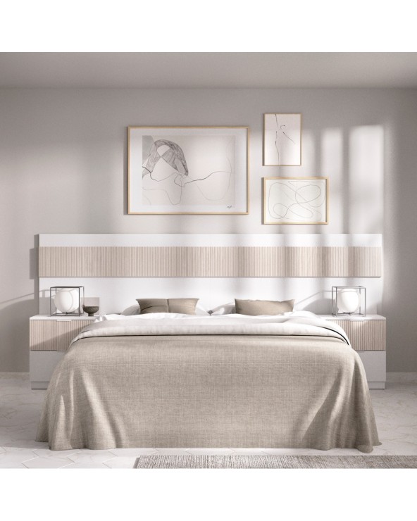 Cabecero con mesillas blanco y alistonado 248 cm Bibiana