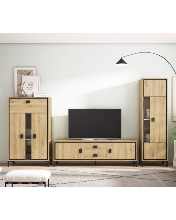 Mueble Salón Roble Artisan y Negro 321 cm Santorini