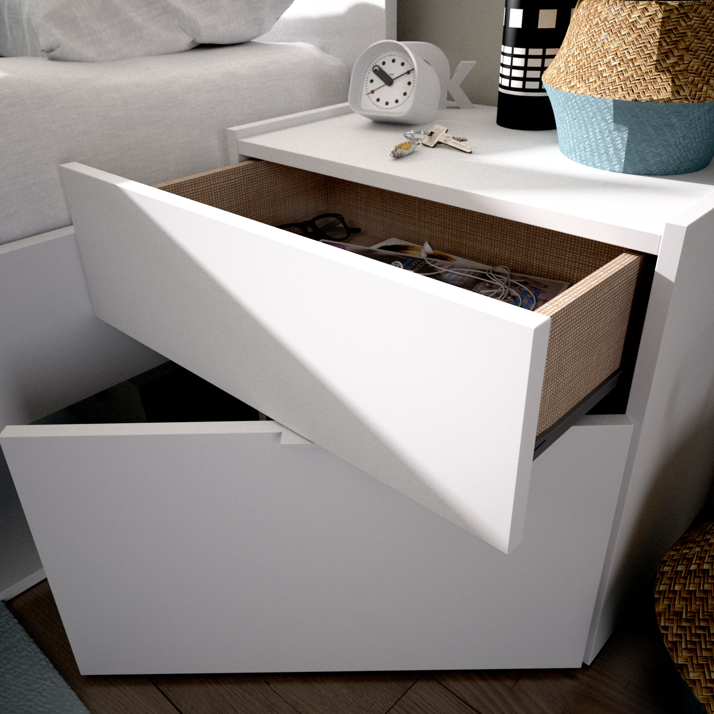 FOTO DETALLE DORMITORIO BLANCO Y NATURAL GOLETA