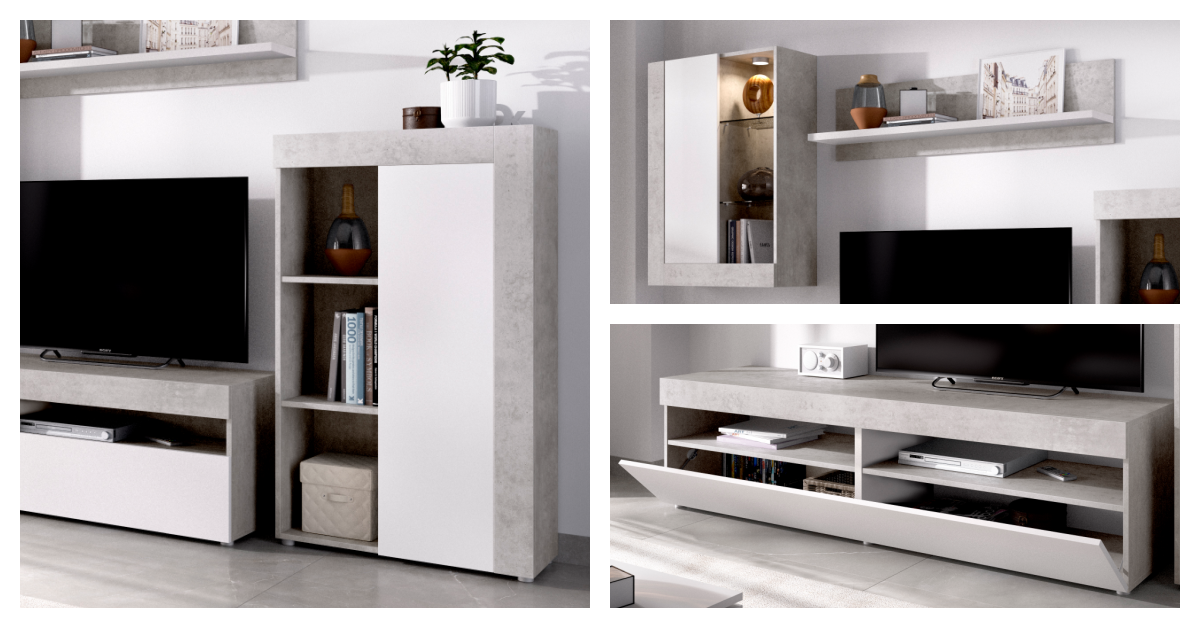 Mueble Salón Blanco y Cemento Osaka