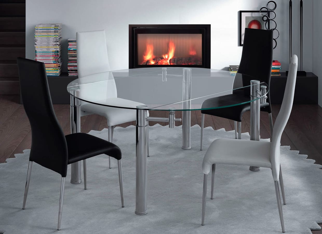 Mesa de comedor redonda extensible de cristal con pata cromada Oslo - MerkaHome